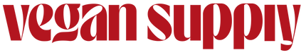 Vegan Supply logo in bold red stylized font on a light background.