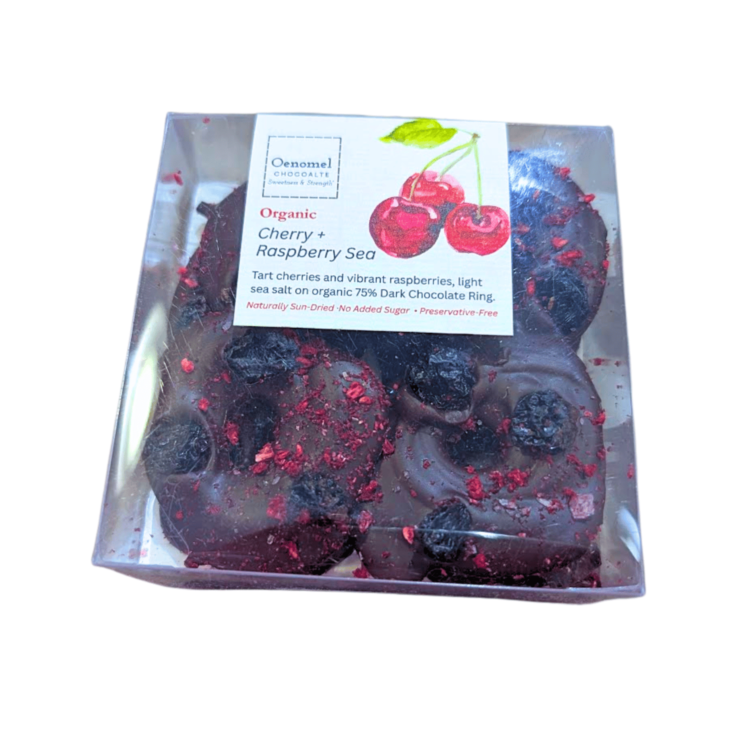 Oenomel Cherry + Raspberry Sea Salt Chocolate Rings - 60g