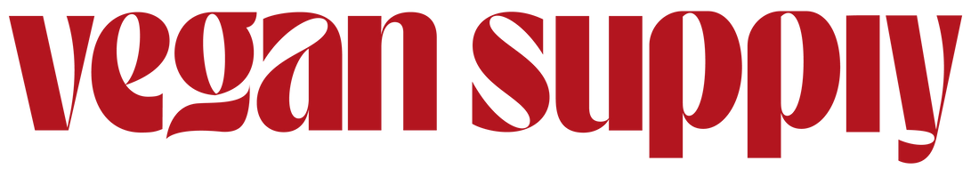 Vegan Supply logo in bold red stylized font on a light background.