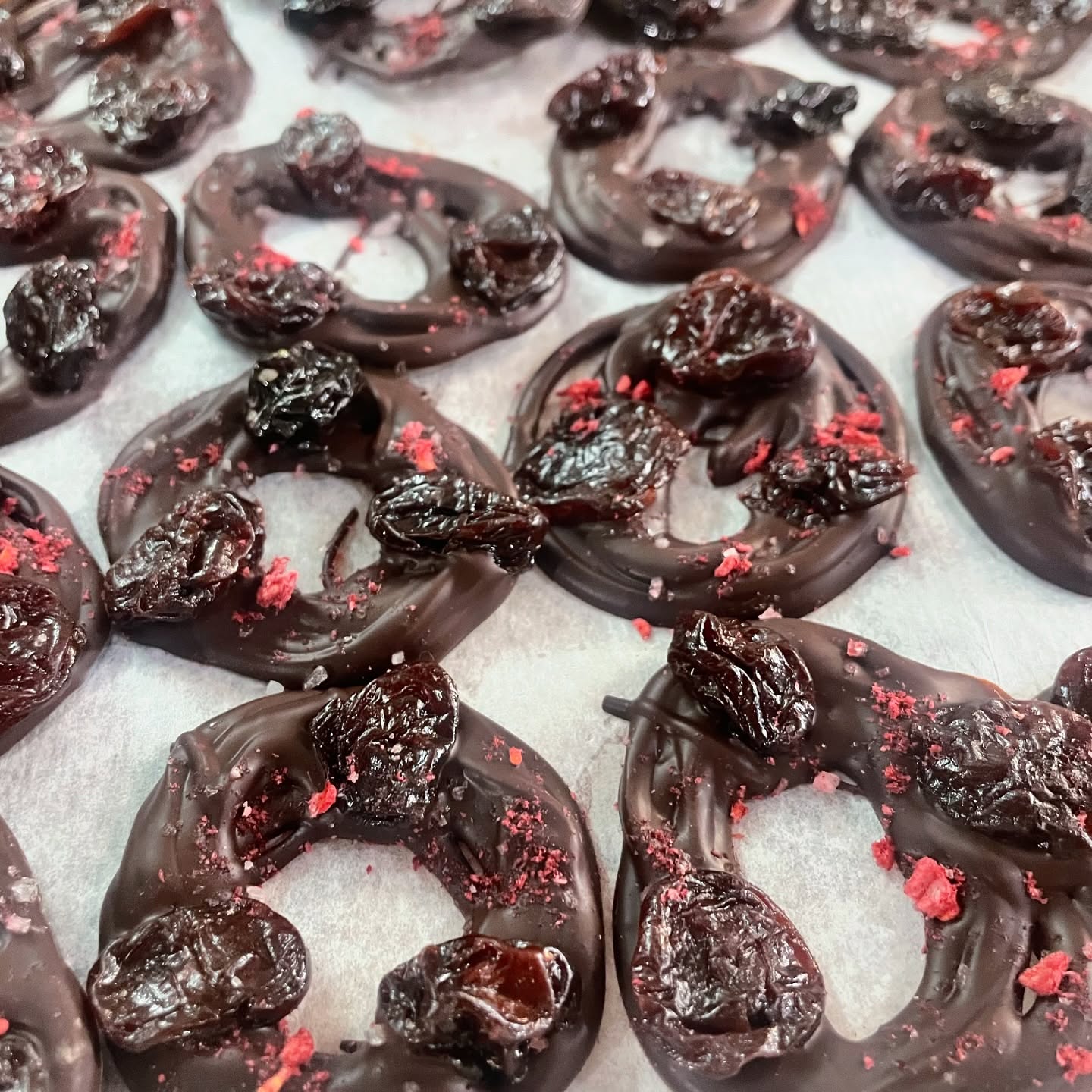 Oenomel Cherry + Raspberry Sea Salt Chocolate Rings - 60g
