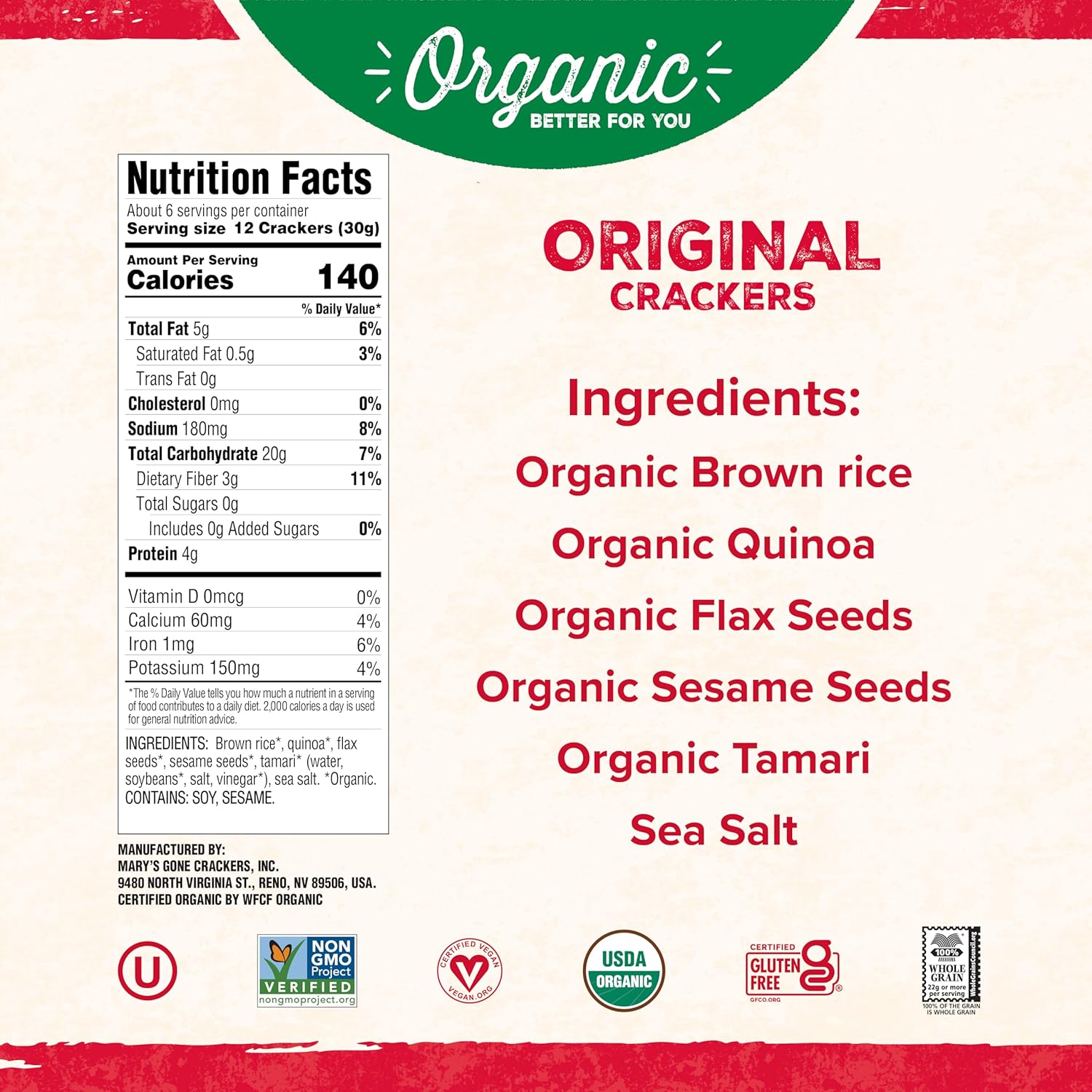 Mary's Organic Crackers Original Crackers - 184g