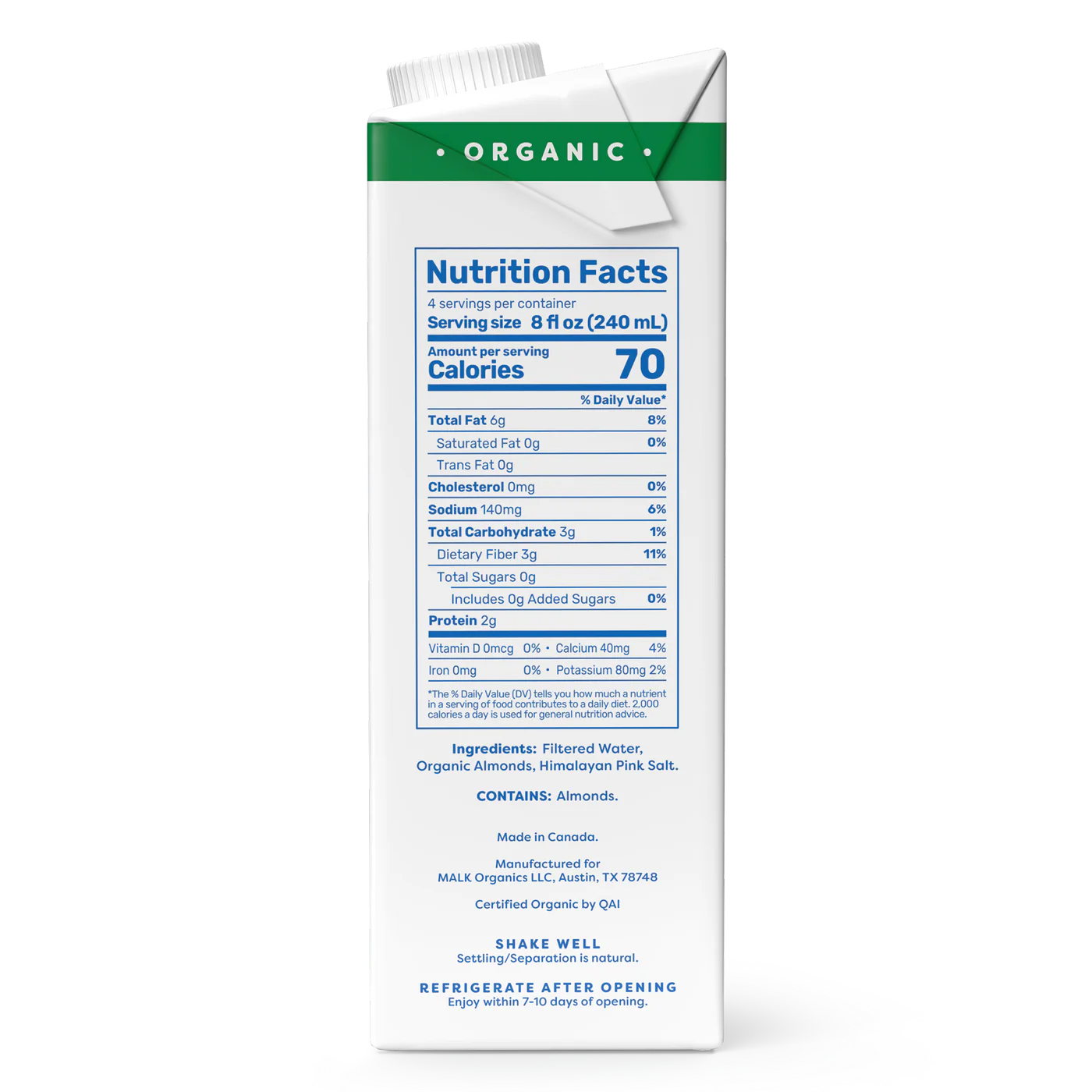 Malk Organic Unsweetened Almond Milk - 946ml