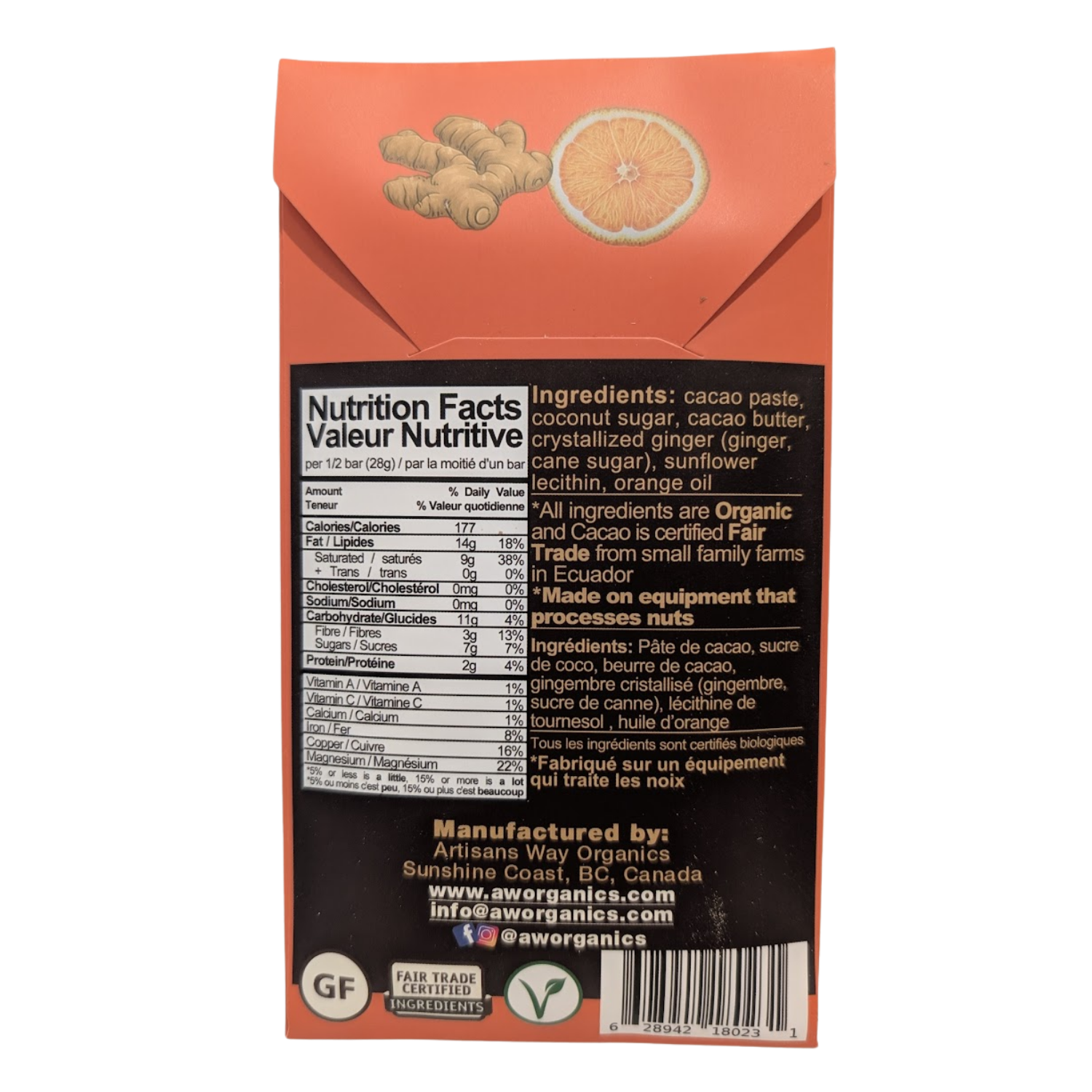 Artisan's Way Orange Ginger 70% Dark Chocolate Bar - 60g