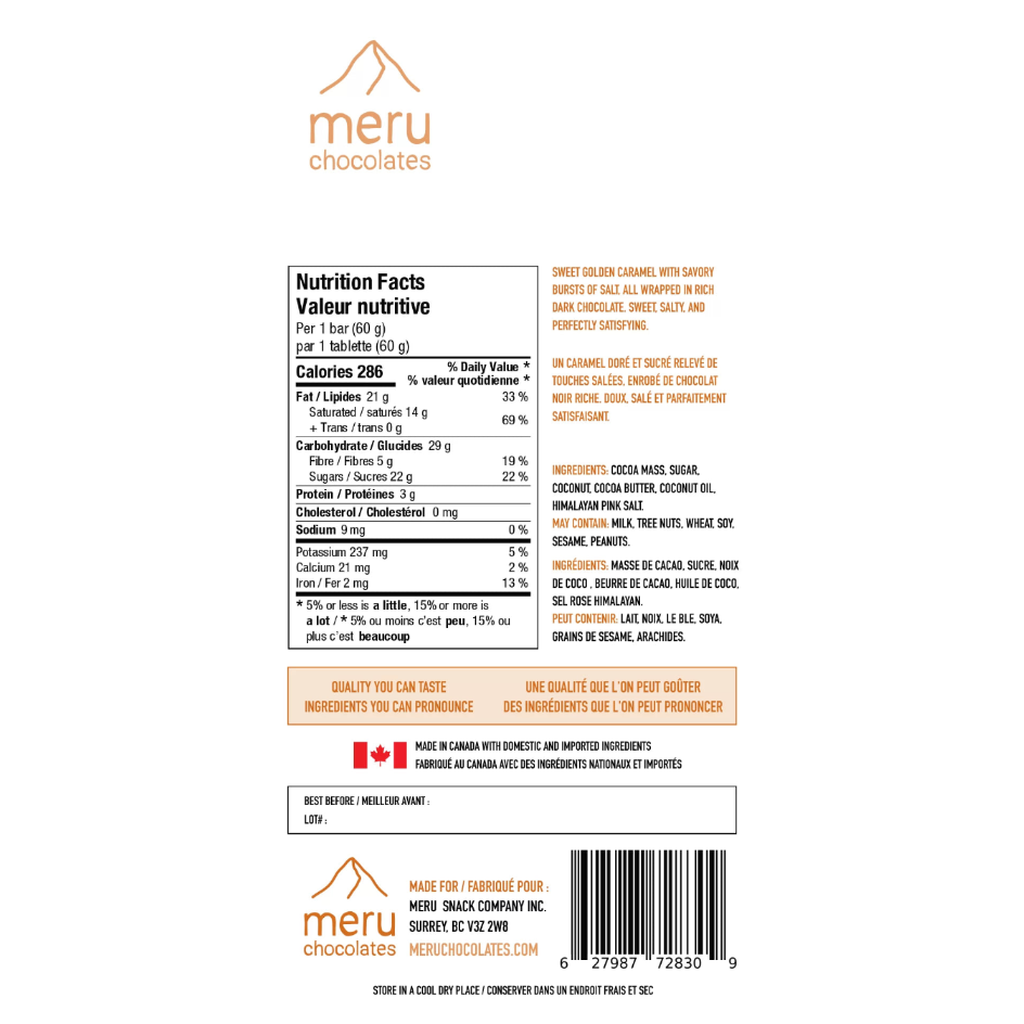 Meru Chocolates Salted Caramel Bliss Chocolate Bar - 60g
