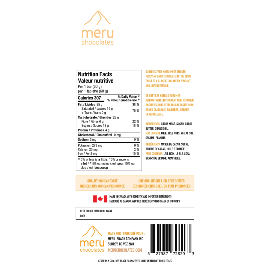 CLEARANCE - Meru Chocolates Zesty Orange Chocolate Bar - 60g