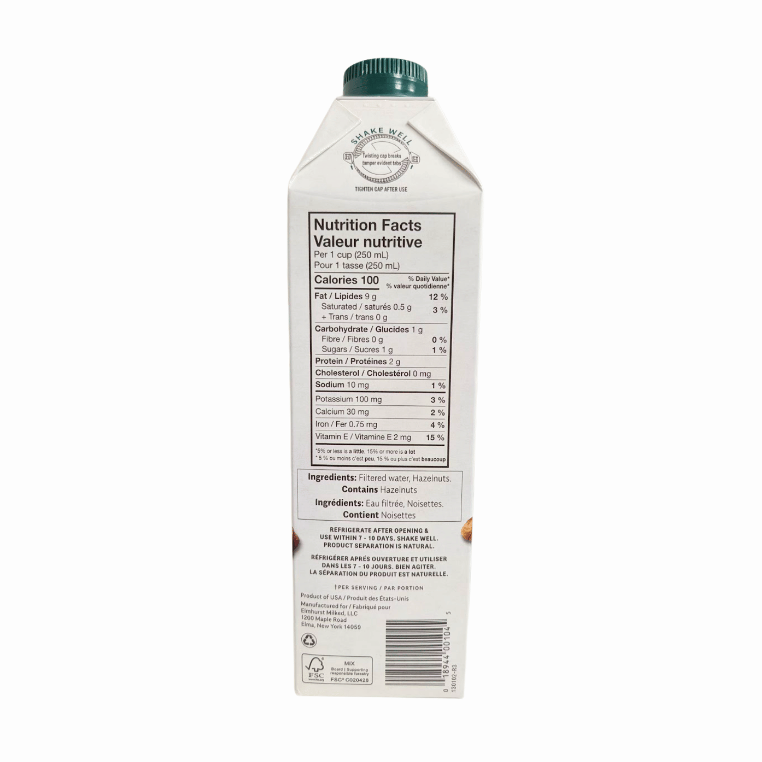 Noisettes au lait non sucrées Elmhurst - 946 ml