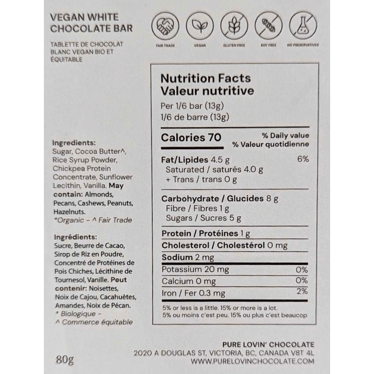 Pure Lovin' Chocolate Vegan White Chocolate Bar - 80g