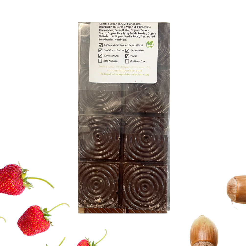 Oenomel Strawberry Hazelnut 55% Milk Chocolate Bar - 80g