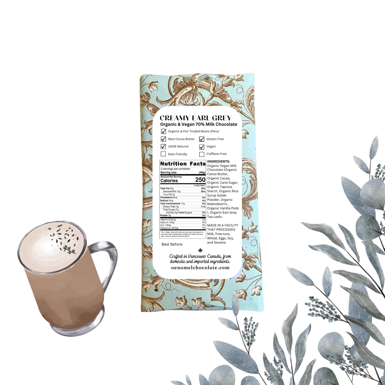 Oenomel Creamy Earl Grey 70% Milk Chocolate Bar - 80g