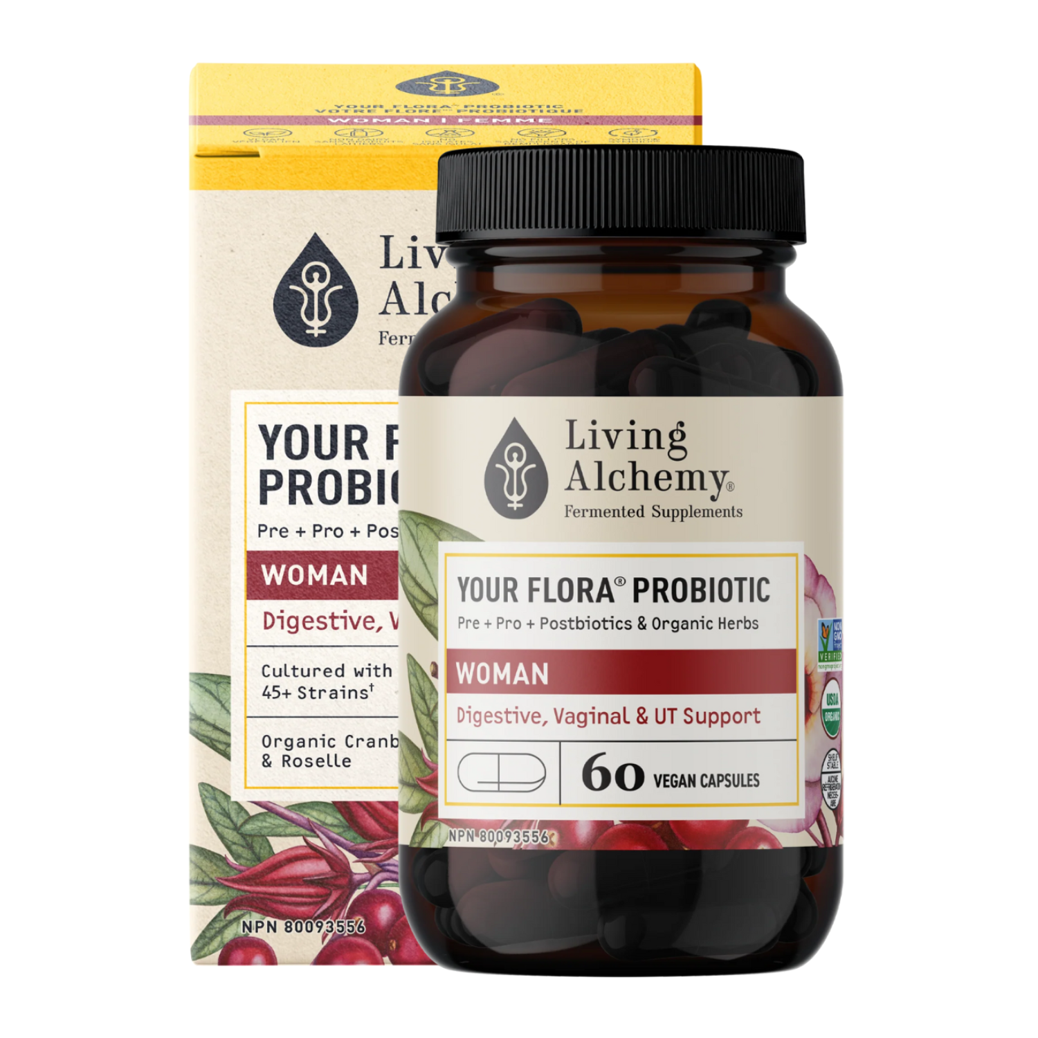 Living Alchemy Your Flora Woman Balance &amp; UTI Plus Canneberge &amp; Roselle - 60 capsules