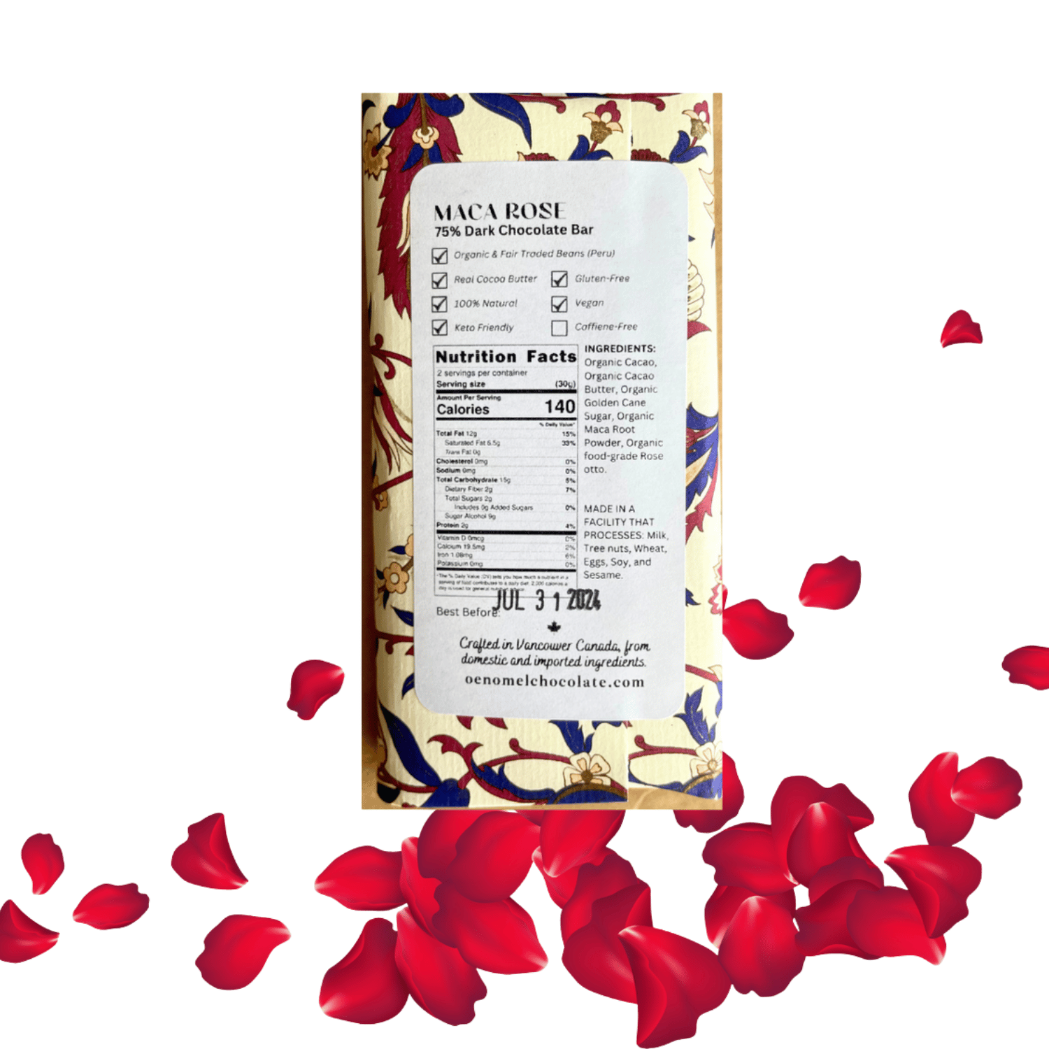 Oenomel Maca Rose 75% Dark Chocolate Bar - 80g