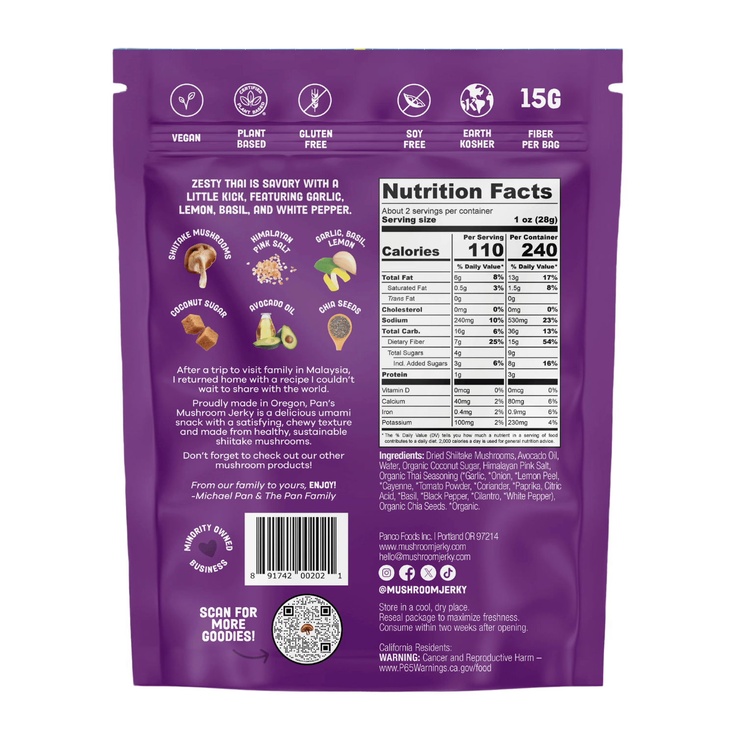 Pan's Zesty Thai Mushroom Jerky - 62g