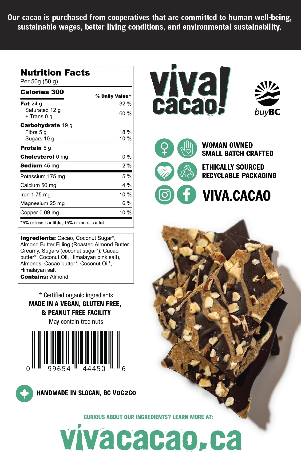 Viva Cacao Almond Butter Crunch Chocolate Bark - 100g