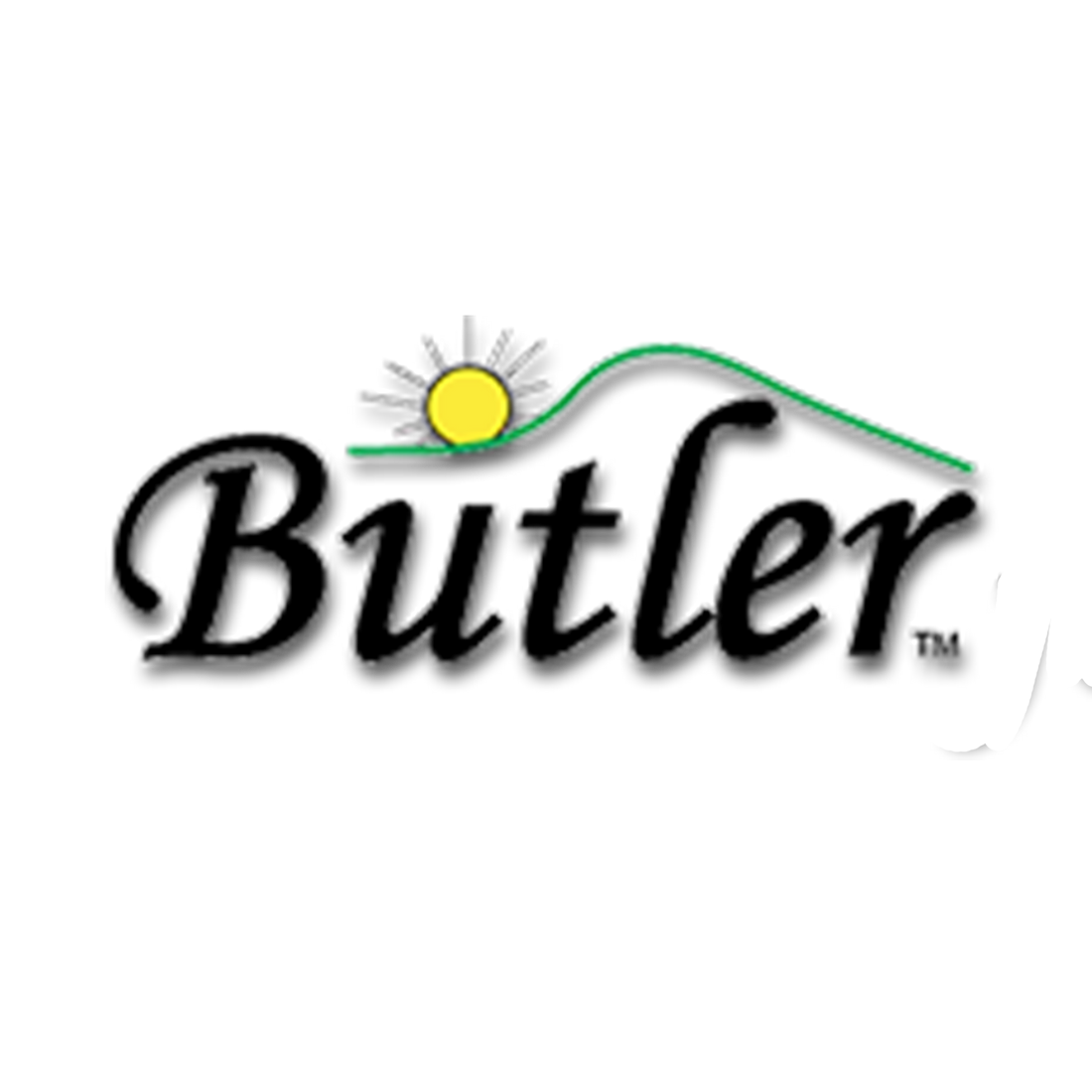 Butler logo featuring a yellow sun rising over a green hill with the brand name in black script font.