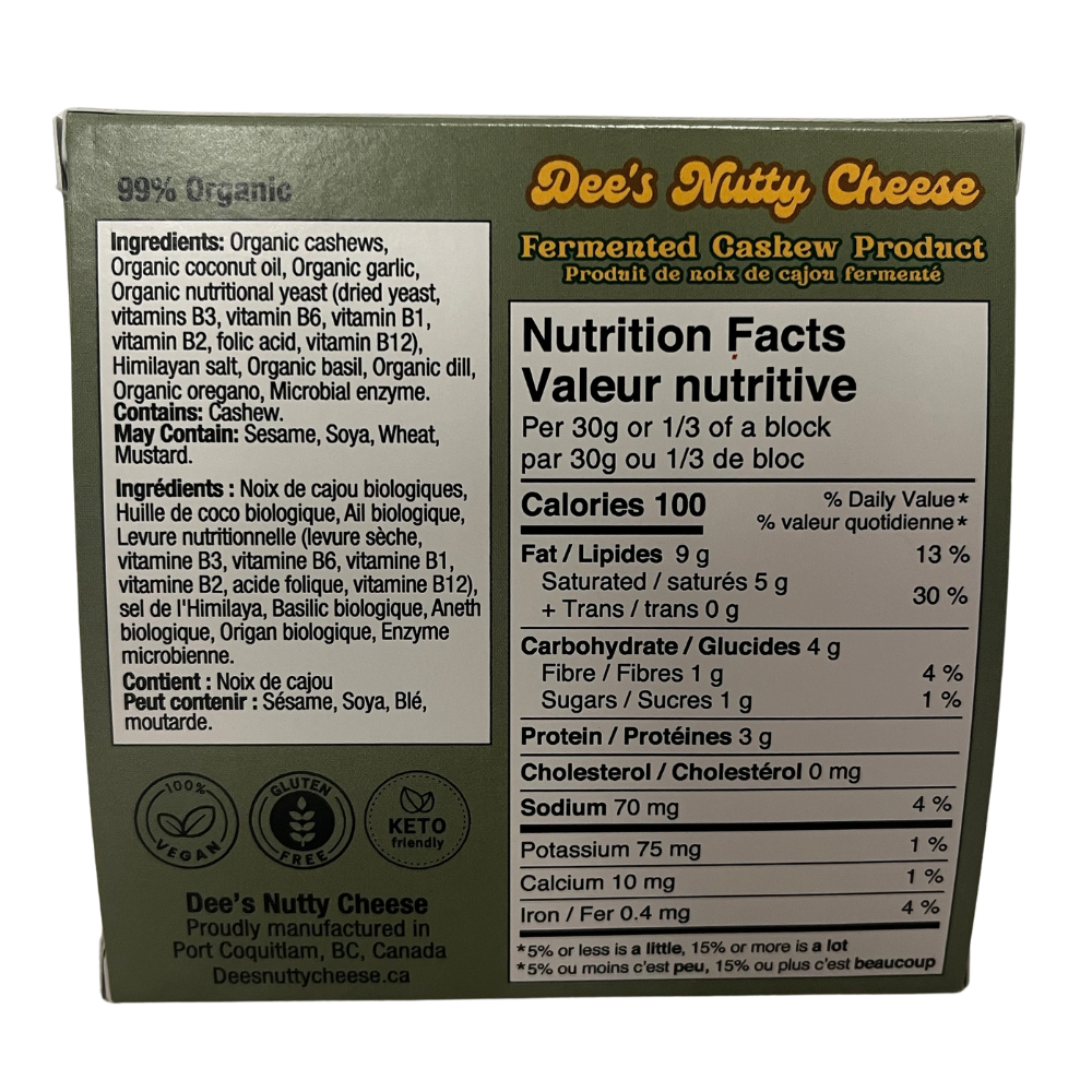 Dee's Nutty Cheese Herb And Garlic Block - 100g