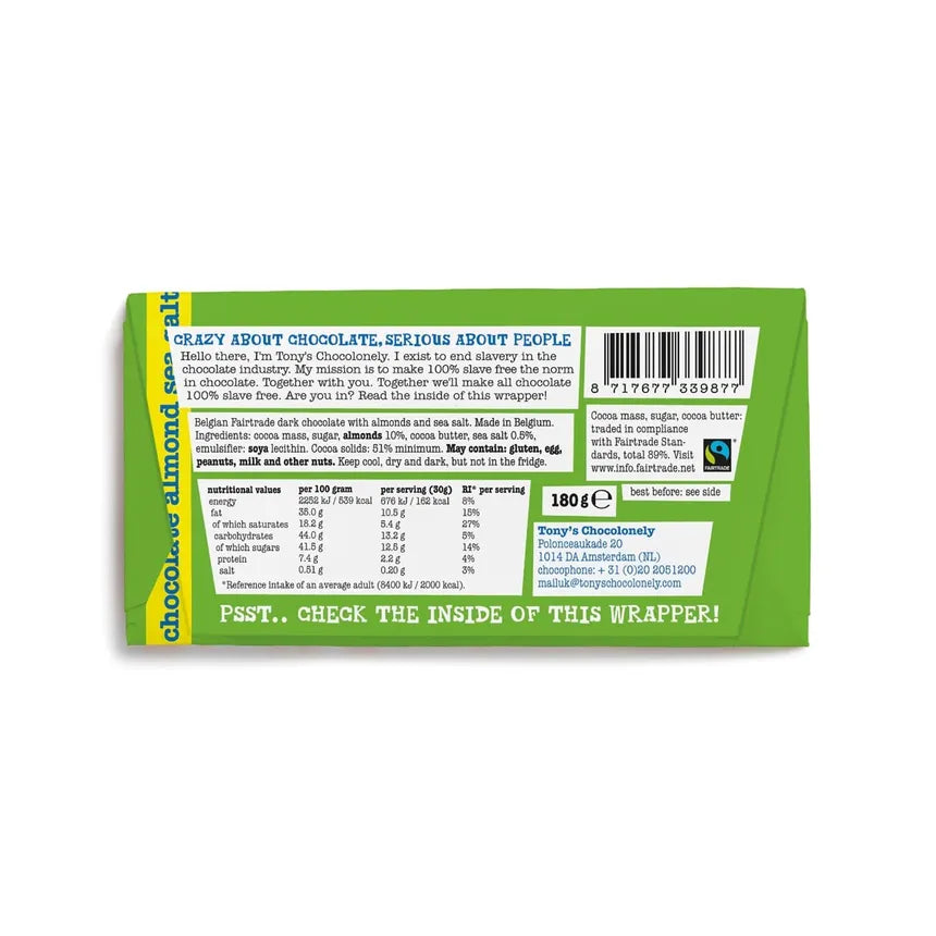 Tony's Chocolonely 51% Dark Almond Sea Salt Chocolate Bar - 180g