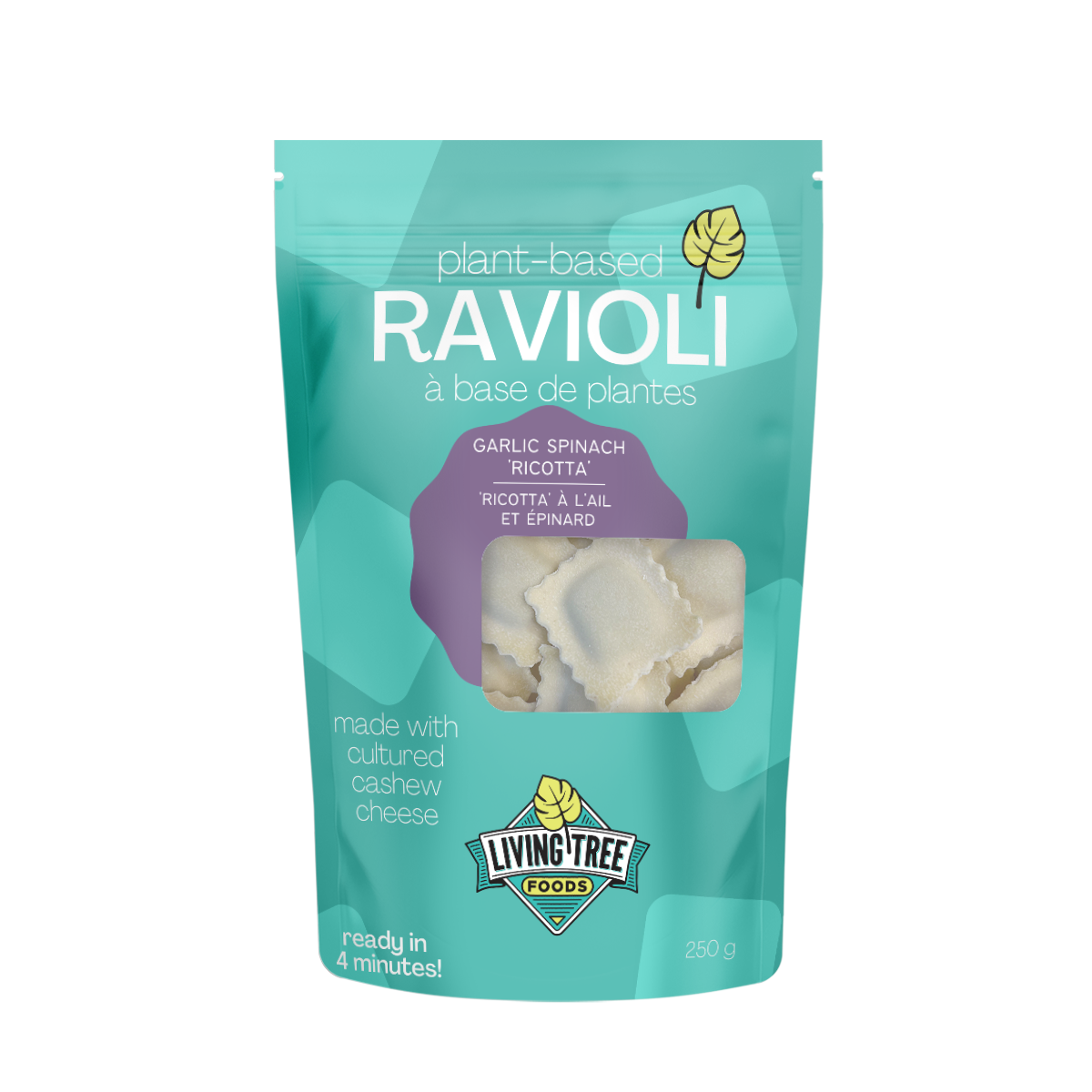 Living Tree Foods Raviolis à la ricotta et aux épinards à l'ail - 250g