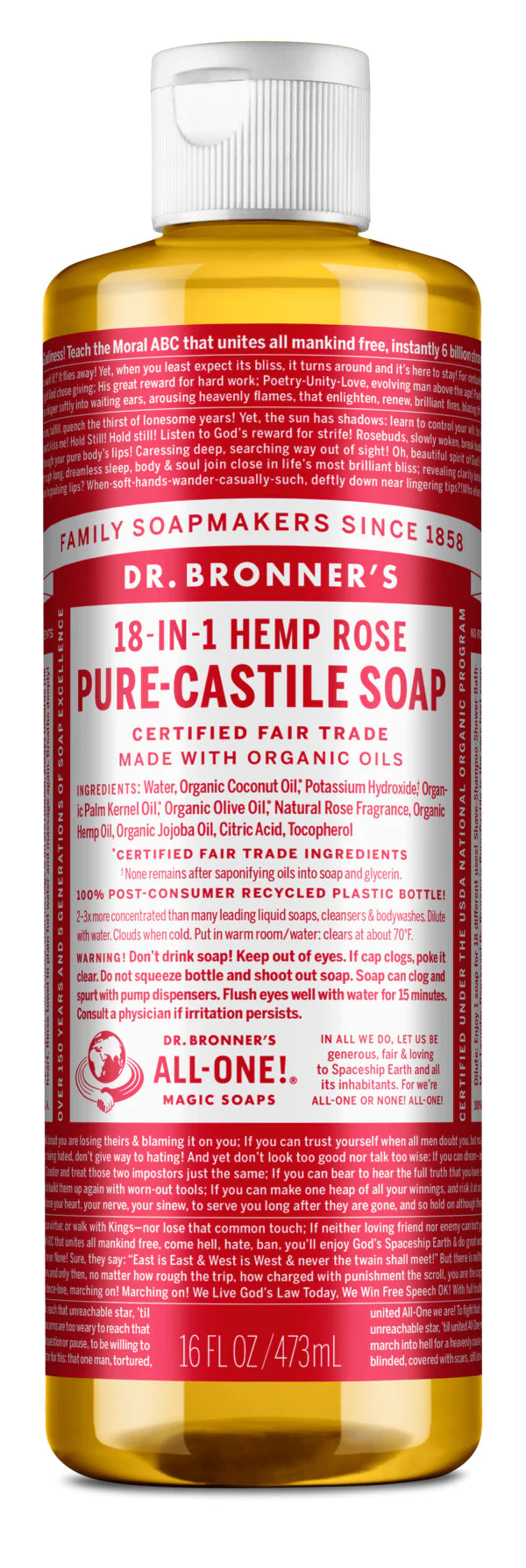 Dr. Bronner's Rose Pure-Castile Liquid Soap - Multiple Sizes